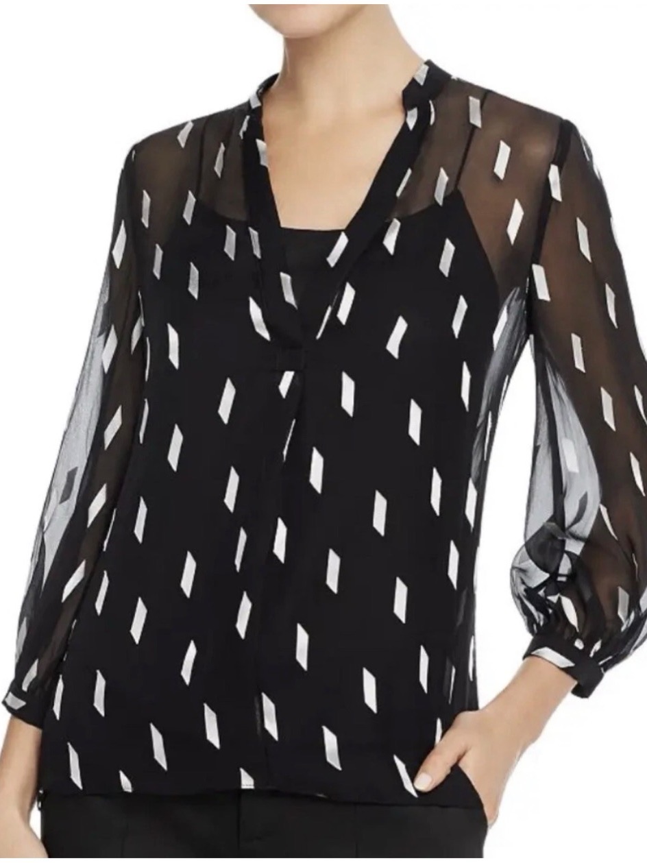Alice + Olivia Women’s Sz 2 Black White Silk Geometric Sheer Lined Blouse Top